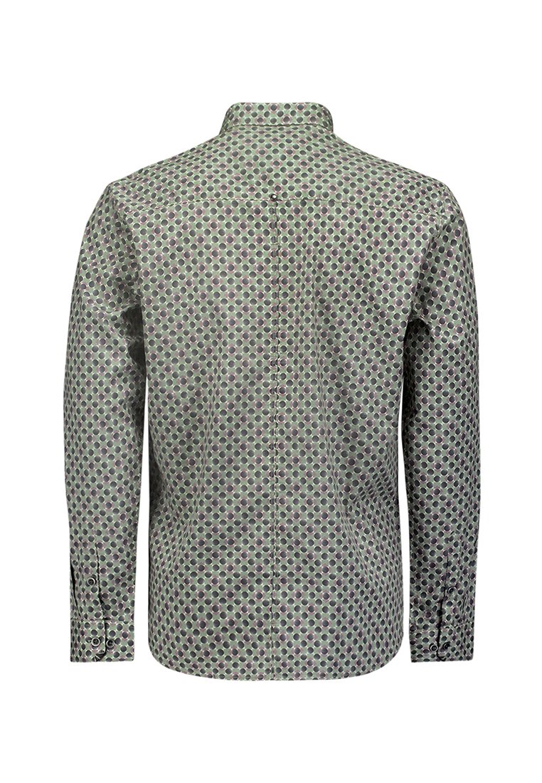 Langarmhemd mit grünem Hintergrund und einem Muster aus bunten Punkten. Mit Knopfkragen und Knopfmanschetten.
