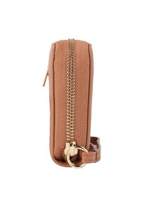 Zip wallet in textured tan material with a gold zipper closure and detachable strap; rectangular shape with a side profile view.