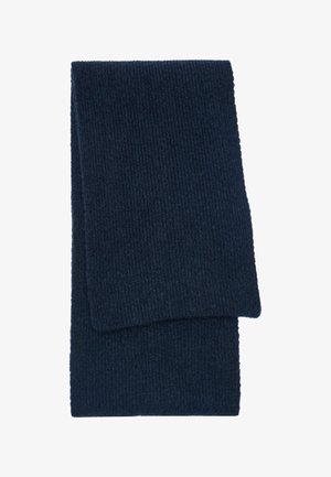 Granatowy prążkowany szalik wykonany z miękkiego materiału; prostokątny kształt z fakturowanym wykończeniem i starannie wykończonymi krawędziami. Odpowiedni na zimną pogodę.