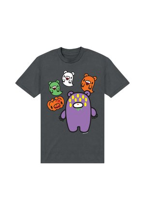 Mørkegrå T-shirt med tegneserie design af en stor lilla bjørn og fire mindre farverige bjørne, der svæver over den.
