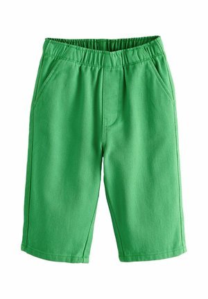 Zielone szorty sięgające do kolan, z elastycznym pasem i przednimi kieszeniami, prezentowane na białym tle.