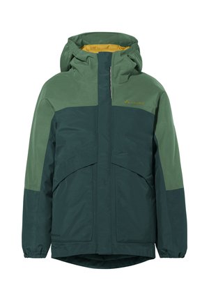 Giacca invernale impermeabile verde bicolor con cappuccio, zip frontale e ampie tasche anteriori, progettata per l'uso all'aperto.