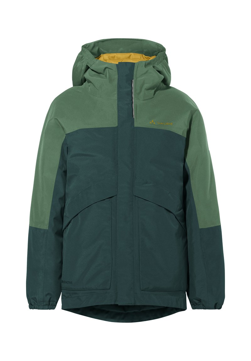 Giacca invernale impermeabile verde bicolor con cappuccio, zip frontale e ampie tasche anteriori, progettata per l'uso all'aperto.