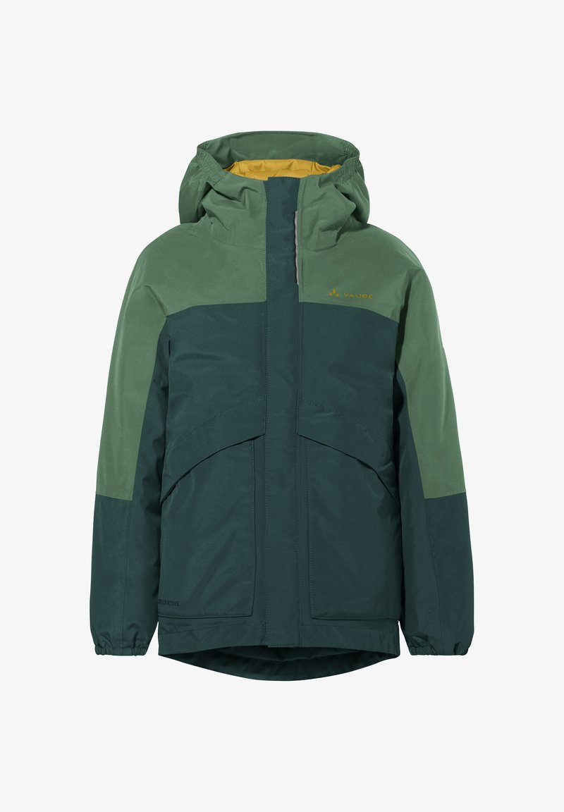 Toshøst grønn vanntett vinterjakke med hette, front glidelås og store frontlommer, designet for utendørs bruk.