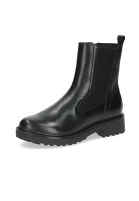 Botas de tobillo de cuero negro con paneles laterales texturizados, puntera redonda y suela de goma gruesa y resistente. Tirador en el talón para ponérselas fácilmente.