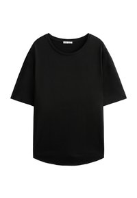 Black short-sleeve T-shirt made of smooth fabric, featuring a round neckline and a slightly curved hemline for a relaxed fit.