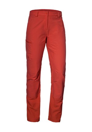 Pantalons de plein air rouges avec une taille standard, poches avant et une poche latérale pour le rangement, fabriqués à partir d'un matériau léger et résistant.