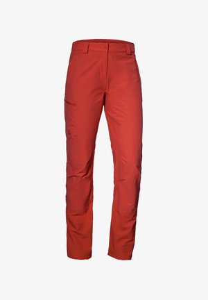 Pantaloni da esterno rossi con vita standard, tasche frontali e una tasca laterale per riporre oggetti, realizzati in materiale leggero e resistente.
