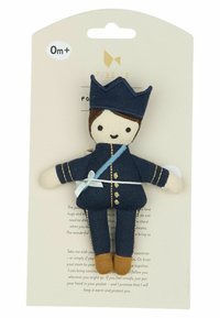 Soft fabric pocket doll in navy blue uniform with gold accents, a crown, and a light blue ribbon; features a friendly face and stitched details.