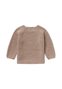 Brauner gestrickter Pullover mit lockerer Passform, langen Ärmeln, weitem Ausschnitt und strukturiertem Muster sowie gerippten Bündchen und Saum.