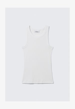 White cotton tank top with a ribbed texture, sleeveless design, and a round neckline. Features a label at the neck reading "WEEKDAY."