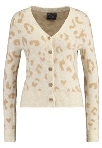 Cárdigan beige con tejido suave y texturizado, con un patrón de estampado de leopardo, escote en forma de V y cierre frontal de cinco botones.
