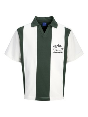 Short-sleeve rugby shirt with wide vertical green and white stripes and black script text on the left chest.