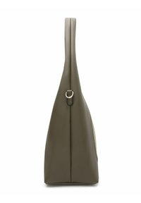 Borsa a mano verde in pelle con forma strutturata, manico sottile e dettagli metallici. Texture liscia con design minimalista.