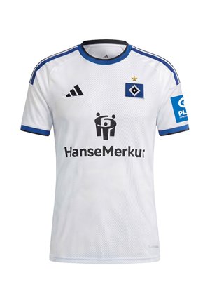 Weißes Fußballtrikot mit blauem Besatz, Hamburg SV-Logo mit goldenem Stern, Adidas-Logo, HanseMerkur-Sponsor und blauem Aufnäher am rechten Ärmel.