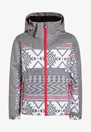 Veste d'hiver à capuche pour femme avec manches grises, motifs géométriques noirs et blancs, accents roses et fermeture éclair devant.