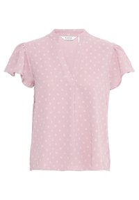 Jasnoróżowa bluzka z krótkim rękawem i dekoltem w kształcie litery V, ozdobiona białymi kropkami, z miękką tkaniną i delikatnymi falbankami na rękawach.