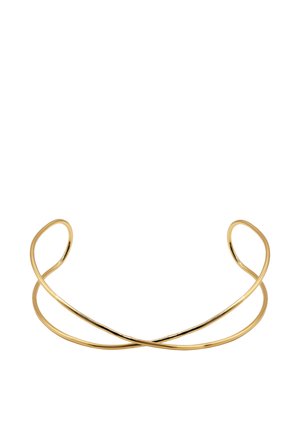 Zarter offener Gold-Manschettenarmband mit zwei dünnen überlappenden Bändern, die vorne gekreuzt sind.