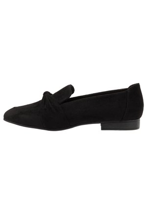 Black suede flat shoe featuring a knotted detail at the toe, smooth texture, pointed shape, and a low, rectangular heel.
