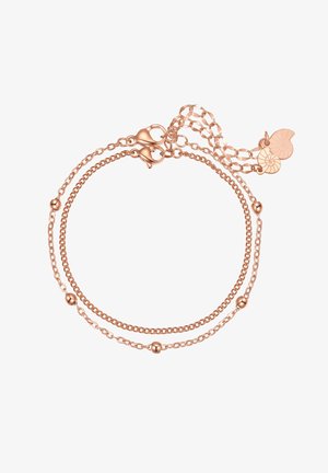 Bracelet à deux brins en métal couleur or rose, présentant des billes lisses et des maillons texturés alternés, avec un fermoir à homard et des charms décoratifs.