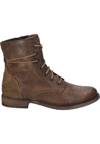 Botas de tobillo de cuero marrón con un diseño texturizado, puntera redonda, cordones en la parte delantera y un tacón bajo. Construcción duradera con acentos sutiles.