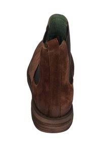 Braune Wildleder-Ankle-Boots mit elastischen Seitenpaneelen und runder Zehenpartie. Verfügt über eine strukturierte, braune Gummisohle und ein grünes Innenfutter.