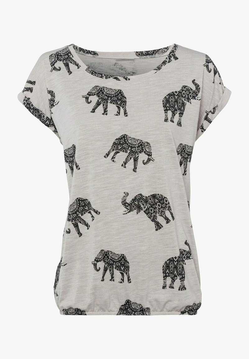 Grey short-sleeve shirt featuring a black elephant pattern. Soft material with a loose fit and a gathered hem for added texture.
