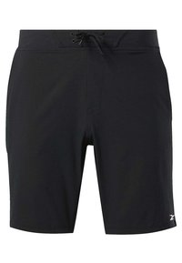 Pantaloni da bagno neri realizzati in tessuto texturizzato, con vita elasticizzata e coulisse, e un piccolo logo sulla gamba sinistra.