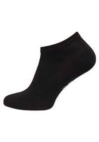 Black ankle sock with a ribbed cuff. Made of soft, smooth material, featuring a seamless design and minimal branding at the heel.
