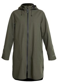 Chaqueta larga verde oliva con capucha, que presenta un cierre frontal, dos grandes bolsillos laterales y detalles de hardware negro en contraste.