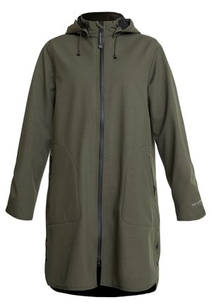 Olive green long jacket with a hood, featuring a front zipper, two large side pockets, and contrasting black hardware details.