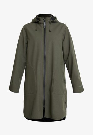 Olive green long jacket with a hood, featuring a front zipper, two large side pockets, and contrasting black hardware details.