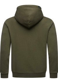 Olivegrüner Hoodie mit einer weichen Textur, verfügt über eine Kängurutasche, gerippte Bündchen und eine verstellbare Kordelzugkapuze. Schlichtes Design, keine Muster.