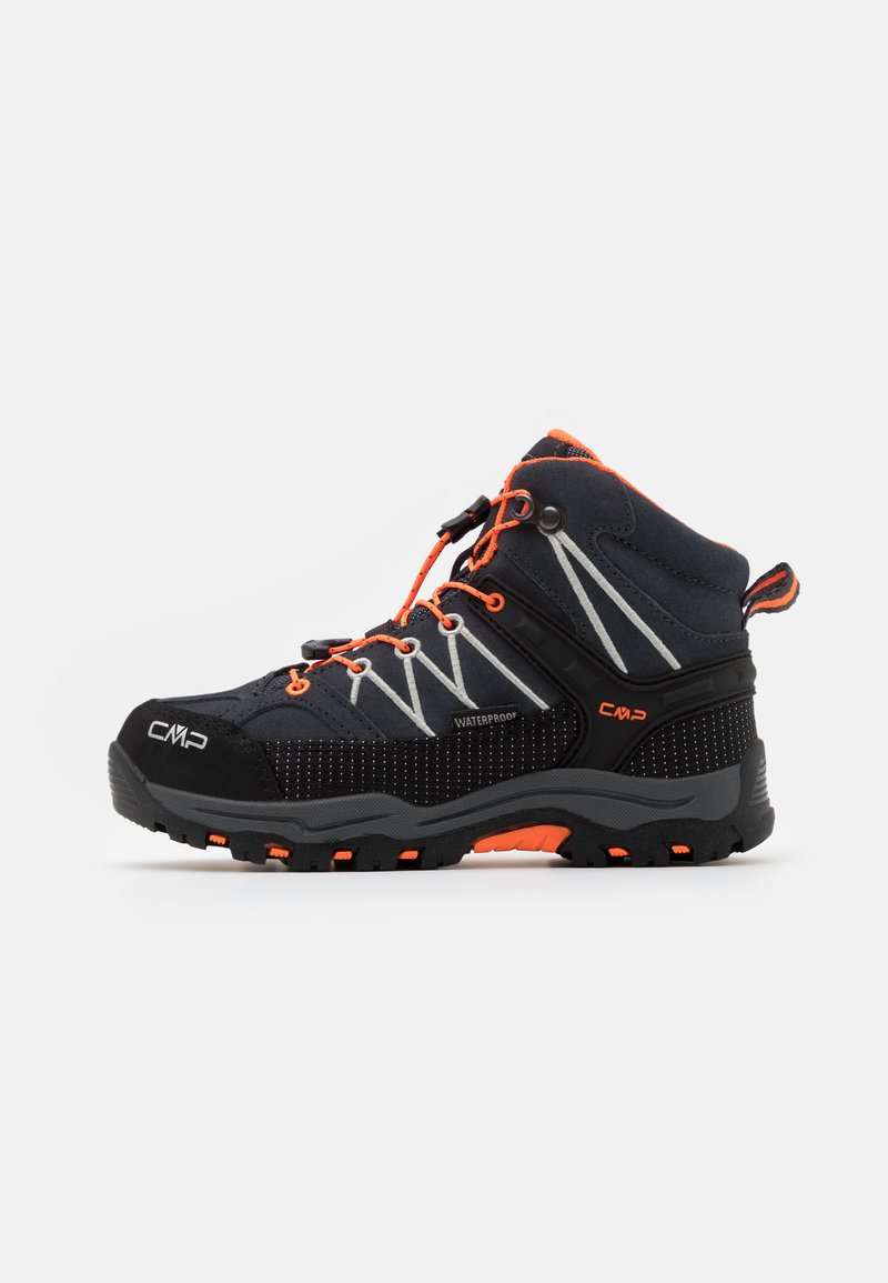 Black and gray waterproof hiking boots with orange accents, featuring a textured upper, reinforced toe, and a rugged outsole for traction.