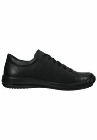 Schwarze Leder-Sneaker mit glatter Oberfläche, rundem Zehenbereich, sechs Ösen und einer flexiblen Gummisohle für Komfort und Langlebigkeit.