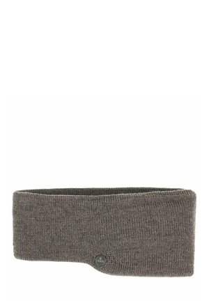 Knit headband in a muted gray color, featuring a soft texture, wide design, and a small metal logo accent.