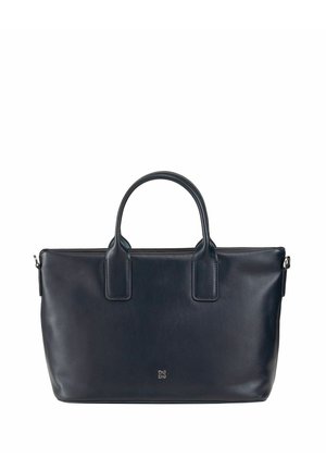 Borsa a tracolla nera in pelle con duplice manico superiore, struttura piatta e superficie liscia. Presenta un logo del marchio discreto sulla parte anteriore.