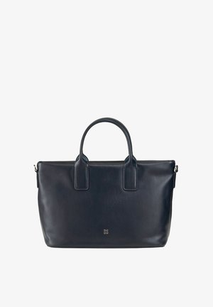 Black leather tote bag with dual top handles, flat structure, and a smooth texture. Features a subtle brand logo on the front.