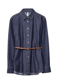 Djeanshemd, in dunkler Indigo-Farbe, mit klassischem Kragen, langen Ärmeln, Knopfverschluss, akzentuiert mit einem braunen Ledergürtel in der Taille.