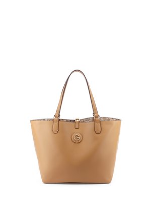 Borsa a mano in pelle color cuoio con doppi manici, emblema circolare con logo sul davanti e fodera interna in tessuto a motivo.