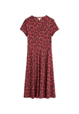 Rode jurk tot op de knie met donker bloemenpatroon, korte mouwen, V-halslijn en een getailleerde taille met geplooide rok.