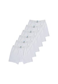Pantaloni boxer bianchi in cotone, con un elastico in vita e un'apertura con un solo bottone; presentati in un impilamento di sette.