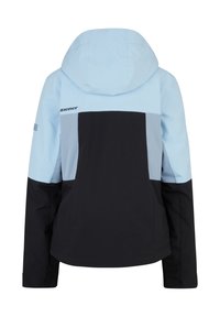 Blaue und schwarze wasserdichte Jacke mit Kapuze, ausgestattet mit einem Farbkombinationsdesign und Logodetail auf dem Rücken. Glatte Textur, praktische Passform.