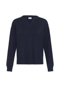 Dunkelblau gestrickter Pullover mit V-Ausschnitt, langen Ärmeln und gerippten Bündchen sowie Saum. Glatte Textur mit dezenten Details an den Schultern.