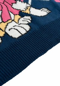 Maglione lavorato a maglia con una base blu e un design di un personaggio dei cartoni animati in rosa, bianco e giallo. Orlo a coste testurizzate nella parte inferiore.
