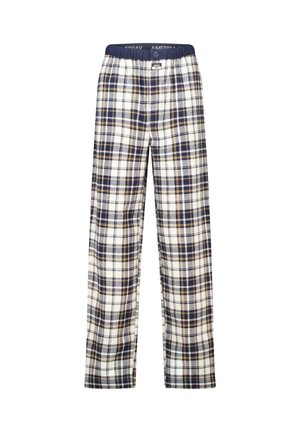 Geklede pyjamabroek in beige, marineblauw en bruin, met een elastische tailleband en een ontspannen pasvorm. De stof heeft een zachte textuur.
