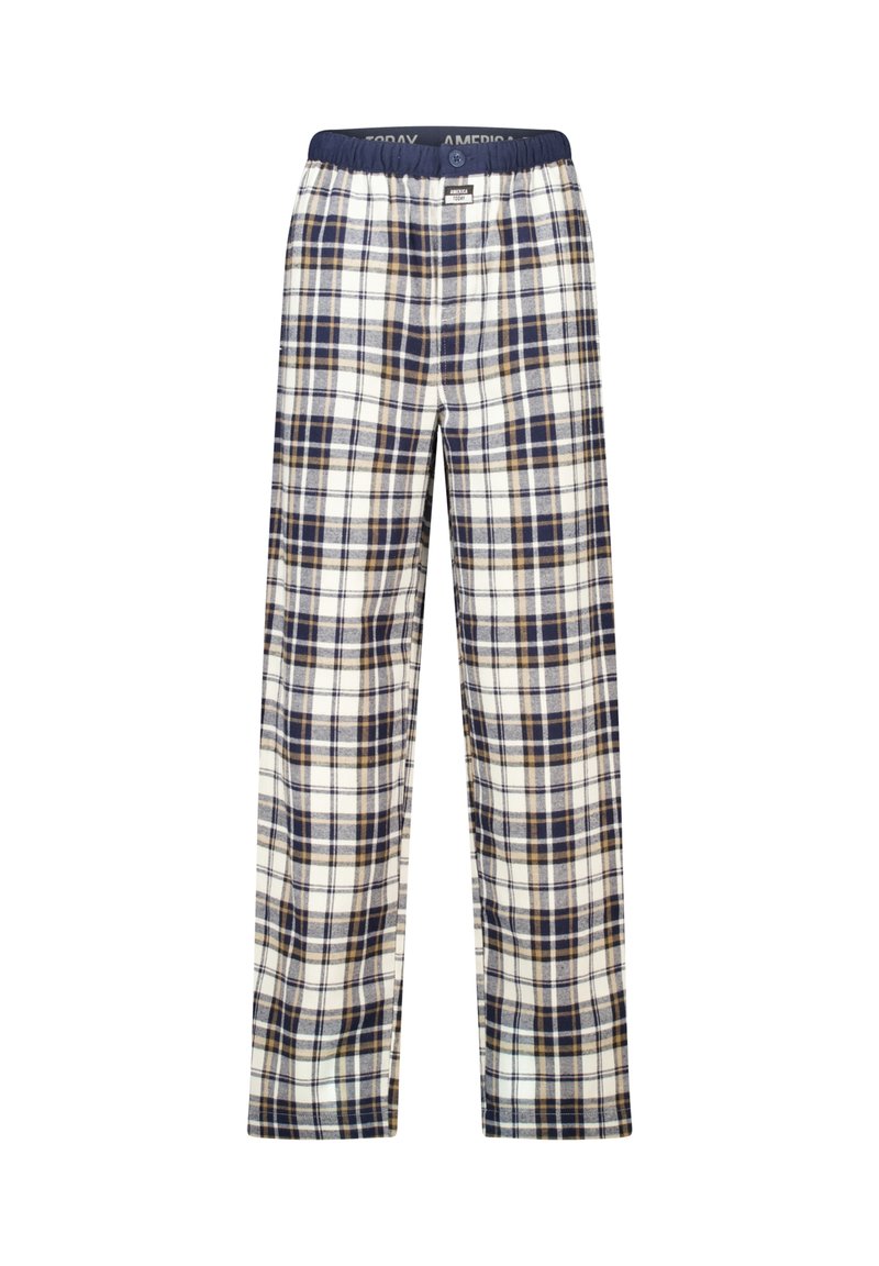 Geklede pyjamabroek in beige, marineblauw en bruin, met een elastische tailleband en een ontspannen pasvorm. De stof heeft een zachte textuur.