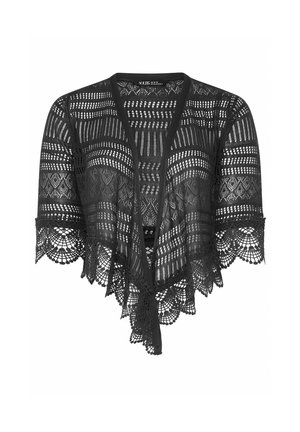 Zwarte kanten bolero cardigan met ingewikkelde geometrische en bloemmotieven, driekwartmouwen en gegolfde zoom.