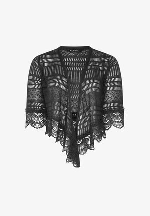 Zwarte kanten bolero cardigan met ingewikkelde geometrische en bloemmotieven, driekwartmouwen en gegolfde zoom.