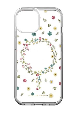 Funda transparente para teléfono con diseño de corona floral formando el símbolo de Venus, flores silvestres dispersas y texto "IDEAL OF SWEDEN" en la parte inferior.
